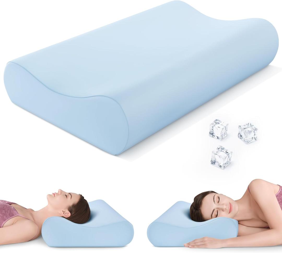 AM AEROMAX 32" King Size Contour Memory Foam Pillow, Cervical Pillow for Neck Pain Relief, Neck Orthopedic Sleeping Pillows for Side, Back and Stomach Sleepers (Blue - Firm)