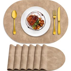 ADRIMER Placemats, Heat Resistant Oval Placemats Set of 6 Washable 12 x 17 Inch, Waterproof Table Placemats Set of 6, Wipeable Faux Leather Placemats for Kitchen, Dining Room, Apricot