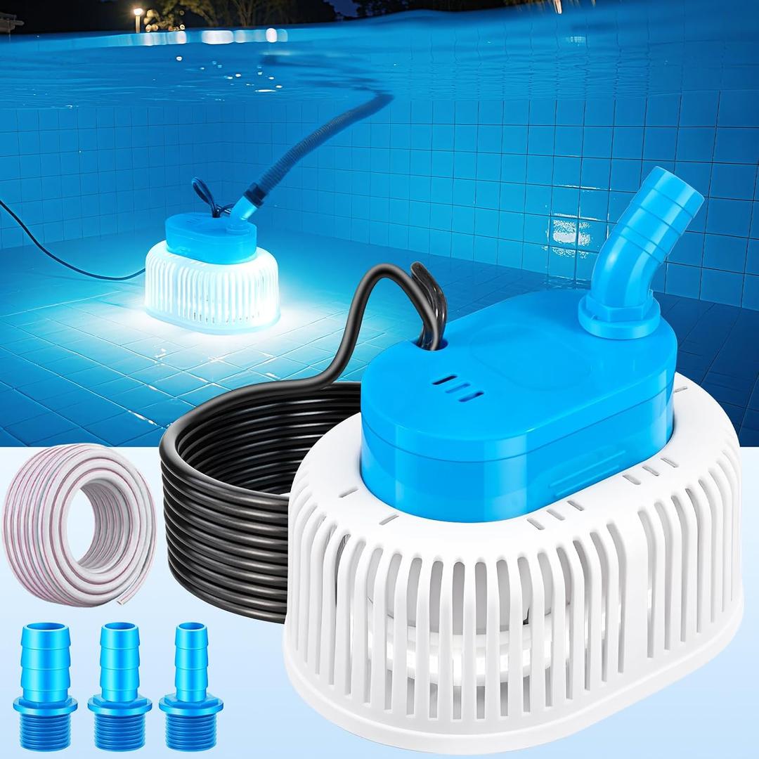 Pool Cover Pump with Lights, Above Ground Sump Pump Submersible, Sump Pumps for Pool Draining, Water Removal Pumps with 16ft Drainage Hose & 25 ft Extra Long Power Cord,850 GPH,4 Adapters-Light Blue