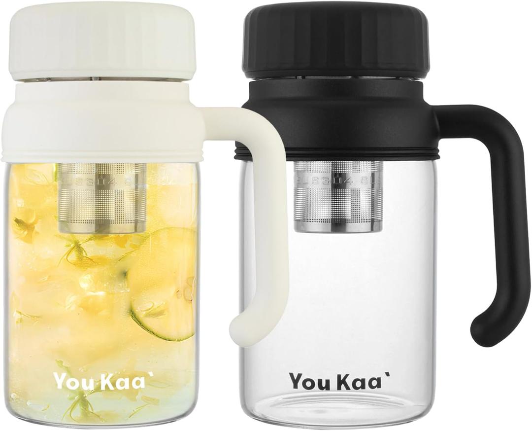 32oz Glass Water Bottle, Tea Bottle with Infuser & Handle, BPA-Free Leakproof Wide Mouth Large Tea Infuser cup for Hot or Cold Drinks, Loose, Fruit (White+Black)