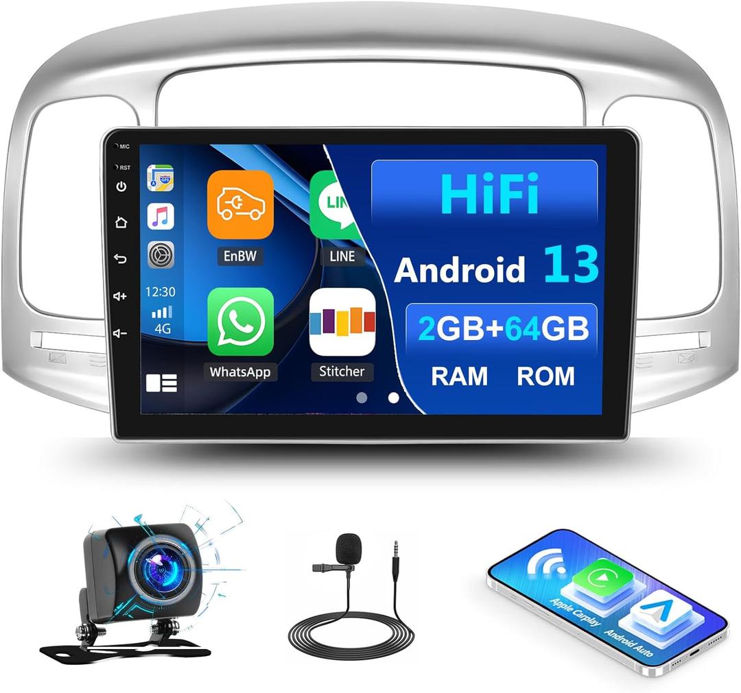 2G+64G Android 13 Car Stereo for Hyundai Accent 2006-2011 with Wireless Apple Carplay Android Auto,9'' Touchscreen Car Radio with WiFi,GPS Navigation,Bluetooth FM/RDS SWC Daul USB+AHD Backup Camera