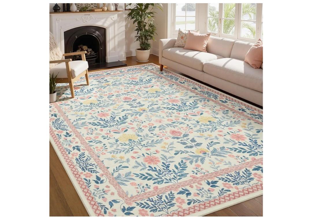 Joydeco Boho Floral Light Pink 5x7 Area Rugs for Bedroom Girls Playroom, Machine Washable Kids Room Nursery Rug Non Slip, Soft Indoor Floor Carpet for Living Room Dorm Classroom