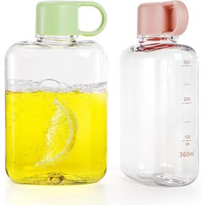 ZEAYEA 2 Pack Portable Flat Water Bottle, 12 oz BPA Free Slim Drinking Bottle, Plastic Travel Flask for Outdoor Sports, Camping, Fitness, Gym, Fits Purse Bag Pocket