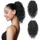 Flufymooz Ponytail Extension, 12" Short Claw Ponytail Extension Wavy Curly Jaw Clip in Pony tails Hairpiece Natural Synthetic Hairpiece for Women (Natural Black)