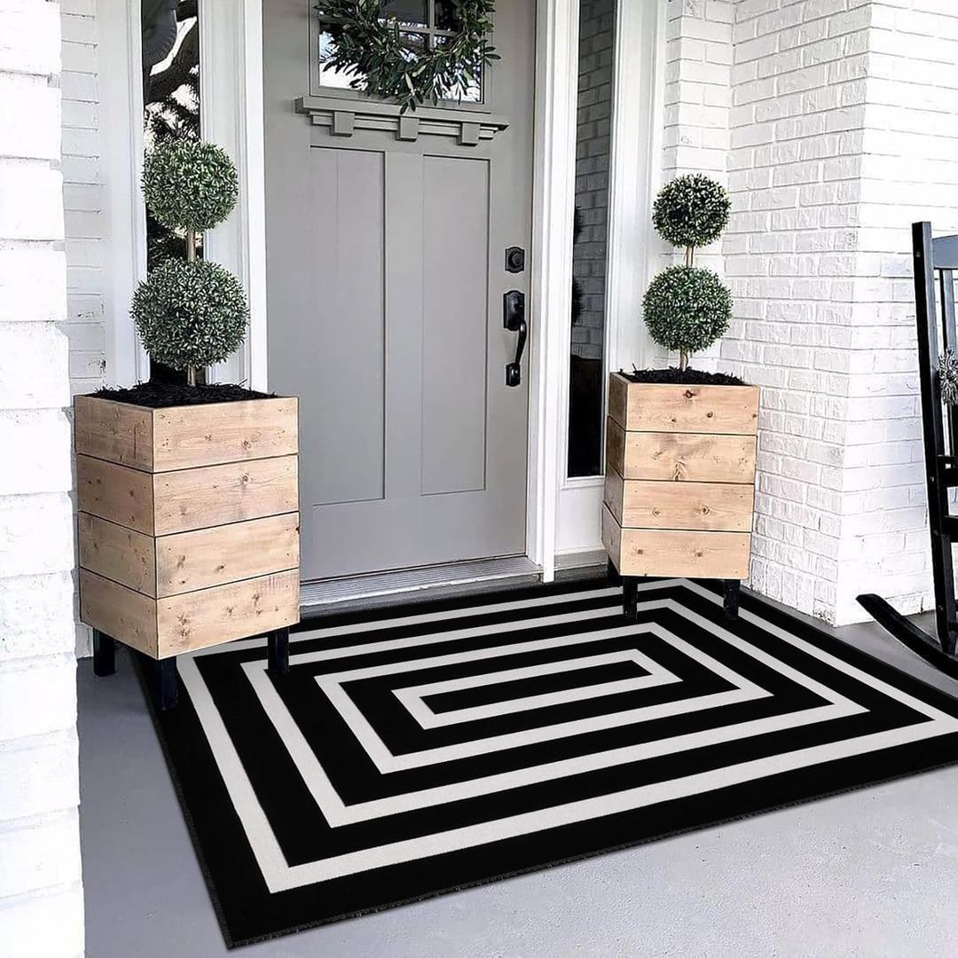 LEEVAN Black and White Rug 3x5 ft Cotton Woven Striped Door Mat Reversible Foldable Washable Indoor Outdoor Striped Rug Farmhouse Geometric Front Porch Decor for Living Room/Front Door/Balcony LEEVAN Black and White Rug 3x5 ft Cotton Woven Striped Door Mat Reversible Foldable Washable Indoor Outdoor Striped Rug Farmhouse Geometric Front Porch Decor for Living Room/Front Door/Balcony