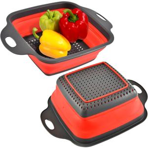 Square Collapsible Colander with Handles  Red Square Silicone Kitchen Strainers with Plastic Handles Foldable Kitchen Strainer Perfect for Draining Pasta Vegetable and Fruit Red