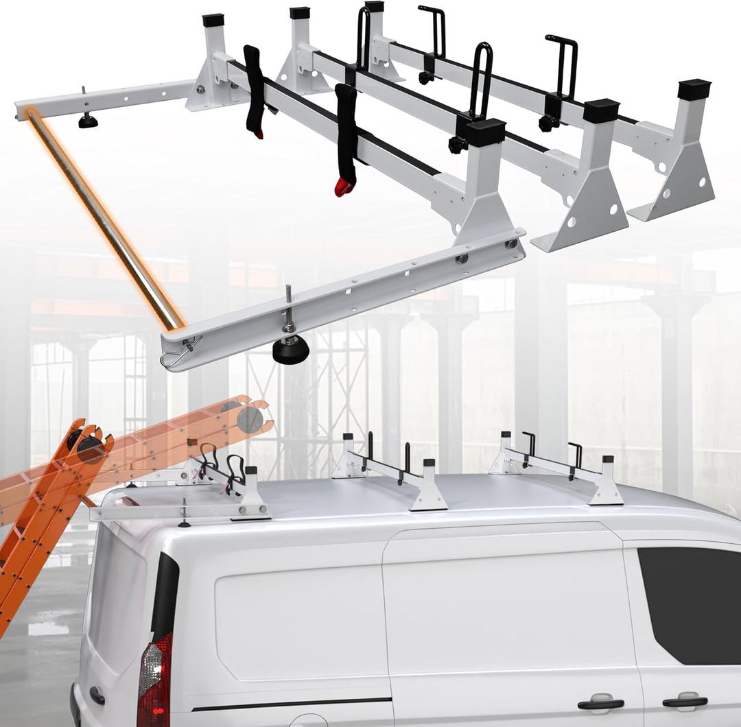MELIPRON Van Roof Rack with Rear Roller Fit for Ford Transit Connect Only 2014-On, Steel Ladder Rack for Cargo Van, 3 Crossbars, NoDrill Required (Not Fit for Full-Size Ford Transit)