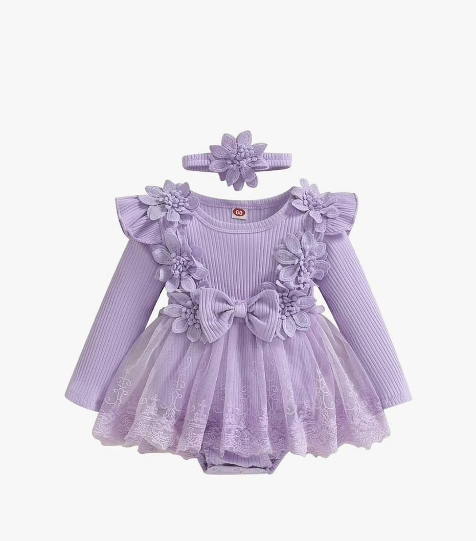 ZAXARRA Infant Baby Girl Romper Dress Baby Dress Romper Flowers Lace Fall Winter Clothes with Headband,9-12 M