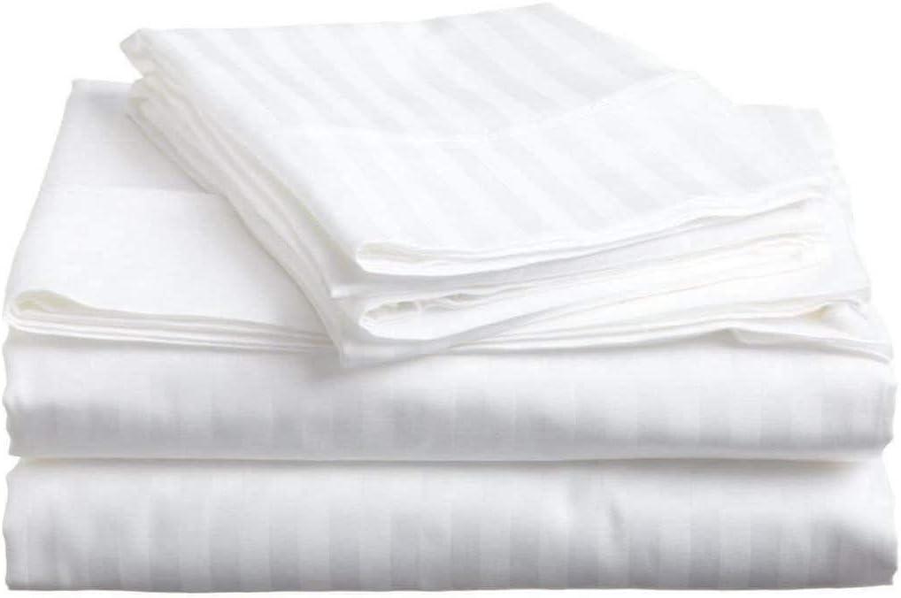 500-Thread-Count Bed Sheet Set King Size Fits 15-18 Inches Deep Pocket (Stripe, Classic White)