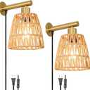 Boho Plug in Wall Sconce Set of 2, Gold Plug Sconces Set of 2, Rattan Sconce Light Fixture with 5.9FT On/Off Switch Cord, Farmhouse Wall Mounted Light for Bedroom Living Room Reading Hallway