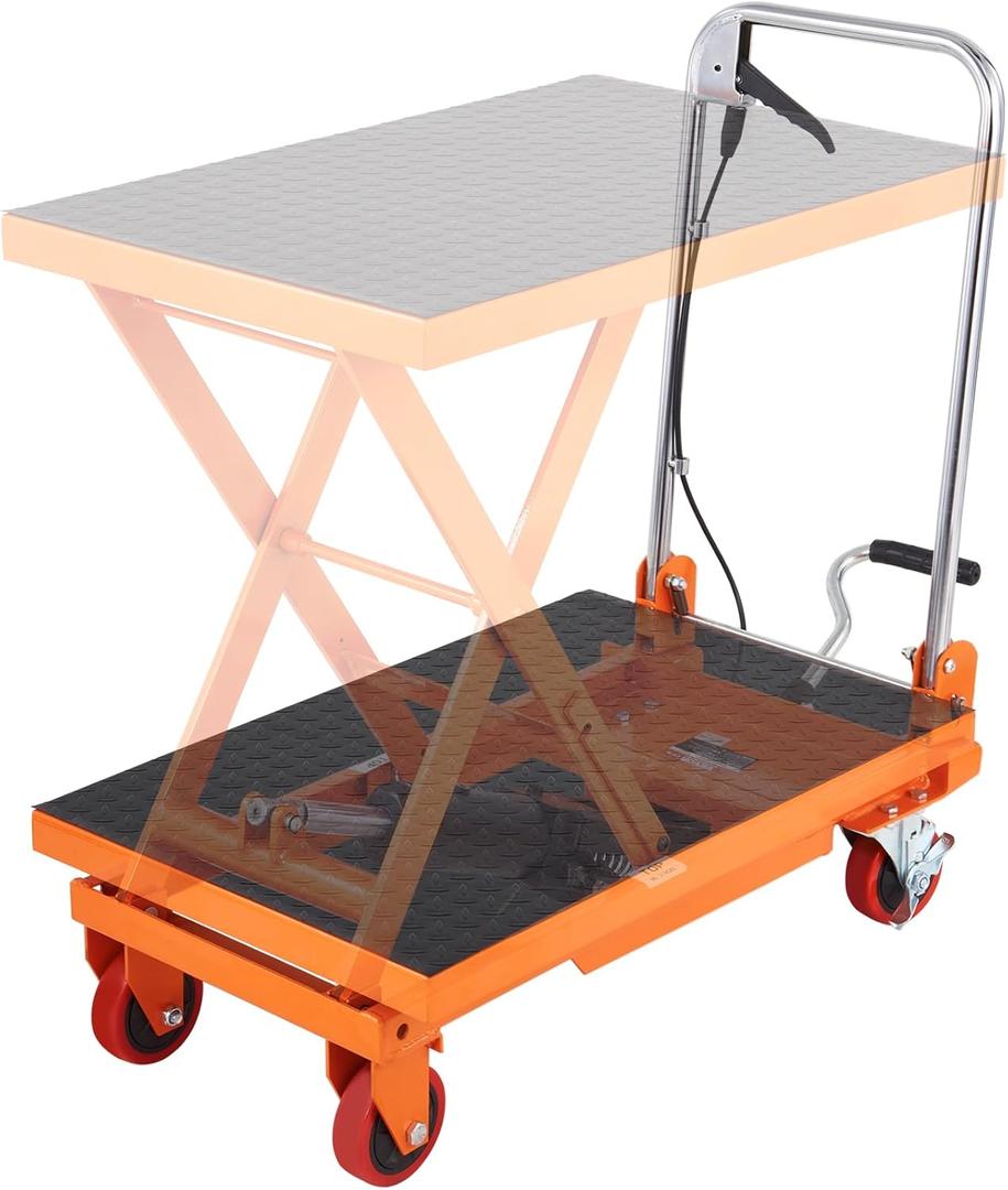 VEVOR TF15 Hydraulic Lift Table Cart, 330lbs Capacity 28.5" with 4 Wheels and Non-Slip Pad, for Material Handling and Transportation, Orange