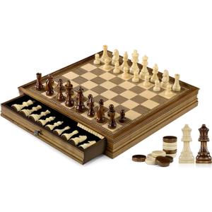 Peradix Magnetic Chess Checkers Board Sets with 2 Built-in Storage Drawers, 15" Classic 2 in 1 Wooden Games with 2 Extra Queens for Kids and Adults, Travel Portable Chess Game Set