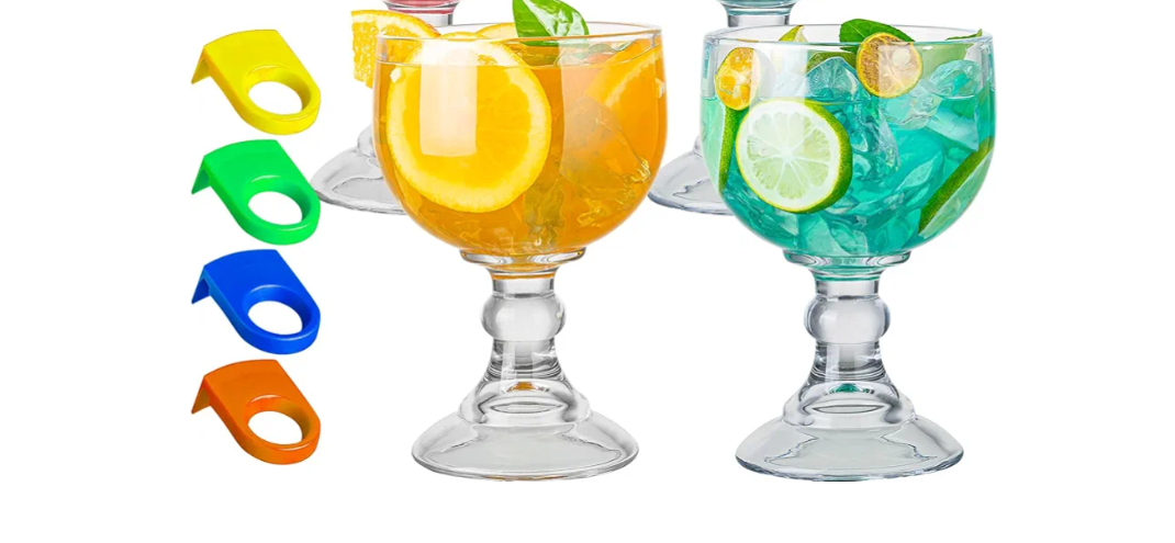 Schooner Beer Glasses 21.5 Oz Set of 2, Extra Large Margarita Glass With 4 Color Clips, Shrimp Cocktail Goblet, Large Stemmed Glasses With Thick Bottom, Crystal Clear Bar Glassware