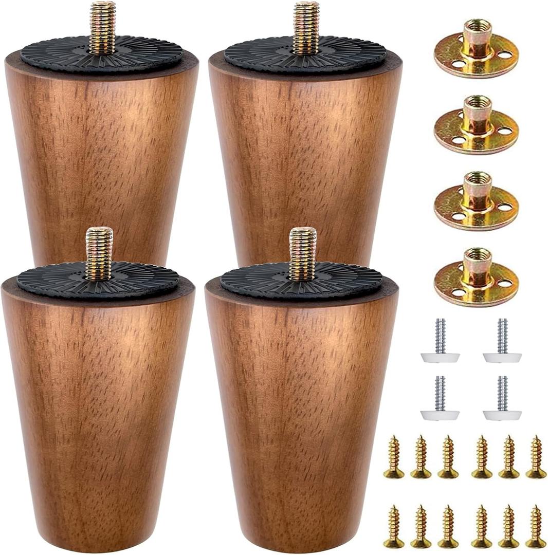 4-Pack 4-Inch Solid Hardwood Furniture Legs, Mid-Century Style with Golden Metal Caps - Walnut Finish, Perfect for Couches, Dressers, Chairs, and Cabinets