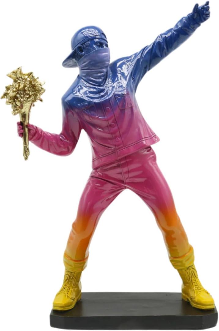 Banksy-Inspired Flower Thrower Sculpture Large 15.75 Gradient Resin Statue with Gold Bouquet, Modern Street Art Home Decor Figurine, Colorful Collectible Gift for Art Lovers
