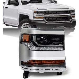 Headlight Assembly Compatible with Chevy Silverado 1500 2016 2017 2018 (Hid/Xenon Model) Factory Replacement Head Light Lamp Chrome Housing Right Passenger Side