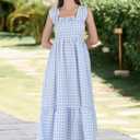 chouyatou Women's Retro Plaid Smocked Dress Spaghetti Strap Flounce Long Dress (Blue, M)