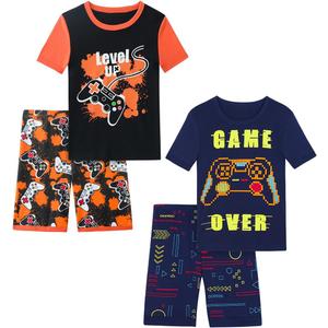 Boys Pajama Set, 4-Piece Cotton Pajamas Short Summer PJs Kids Sleepwear (Blue)