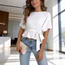 Womens Summer Tie Front Blouses 2026 Crew Neck Batwing Short Sleeve Basic Tops Shirts
