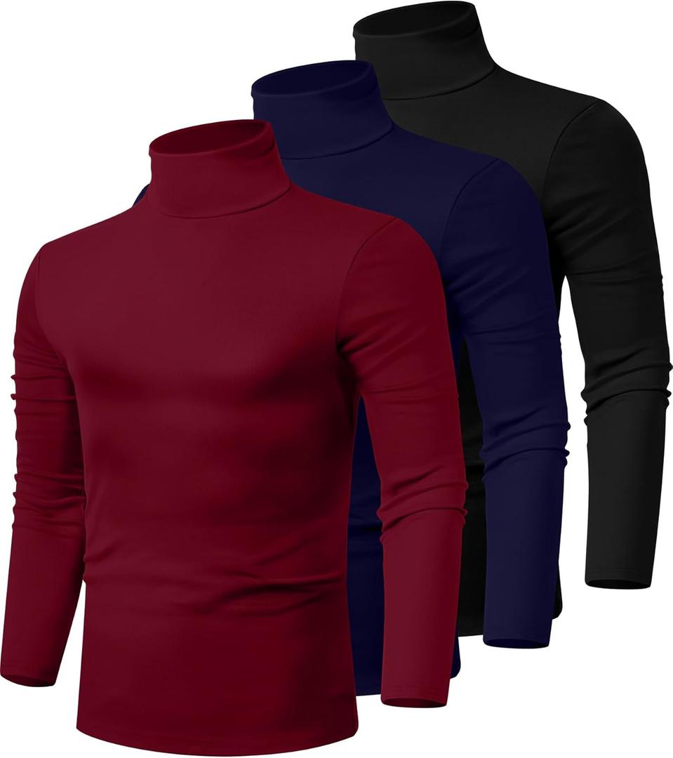 Ficerd 3 Pack Men's Turtleneck Shirts, Long Sleeve Cotton Pullover Sweaters Mock Neck Knitted T-Shirt Basic Slim Fit Tops (L)