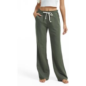 SEVEGO Women's Casual Linen Pants Long 32" Inseam Flared Leg Smocked Waist Beach Summer Slacks, Green, Medium 
