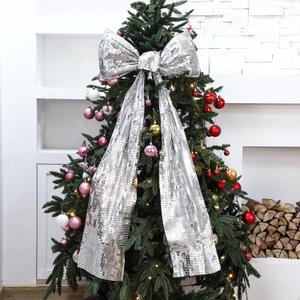 Christmas Disco Ribbon Bow 40 x 20 Inch Large Silver Bow Decor Mirror Ribbon Sequin Premade Xmas Glittery Ornaments for Xmas Tree Topper Wreath Background Wall Holiday Themed Party
