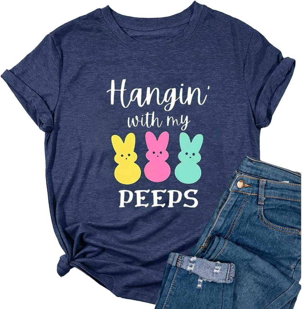 Ykomow Happy Easter Shirts for Women Hangin with My Peeps T Shirt Cute Easter Bunny Outfit Tees (Large, Navy)