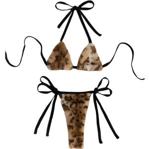 MakeMeChic Women's Bikini Sets Cheetah Print Fuzzy Halter Tie Backless Beach Swimsuit (Medium, Multicolor)