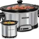 Hamilton Beach Programmable Stay or Go Slow Cooker, 7 Quart Capacity, Includes 20 oz. Party Dipper Food Warmer, Silver, R33477 