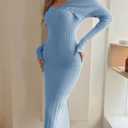 Saodimallsu Womens Off The Shoulder Sweater Dress Long Sleeve Bodycon Ribbed Knit Cocktail Party Formal Midi Dresses (Blue, S)