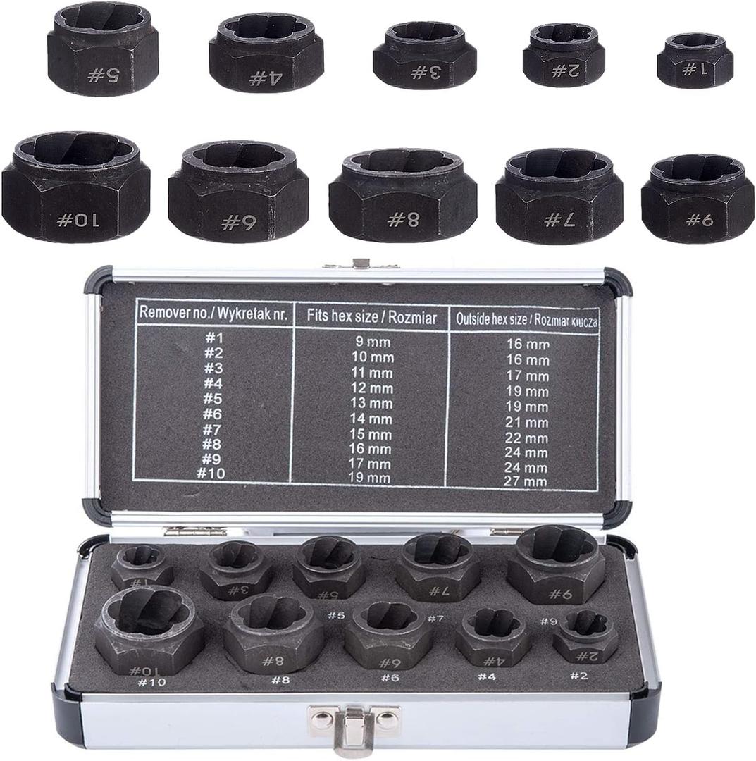 10 Pieces Nut Remover Extractor Tool Easy Out Bolt Extractor Set, 9-19mm Nut Screw Extractor Removal Set Broken Bolt Extractor Socket With Storage Case