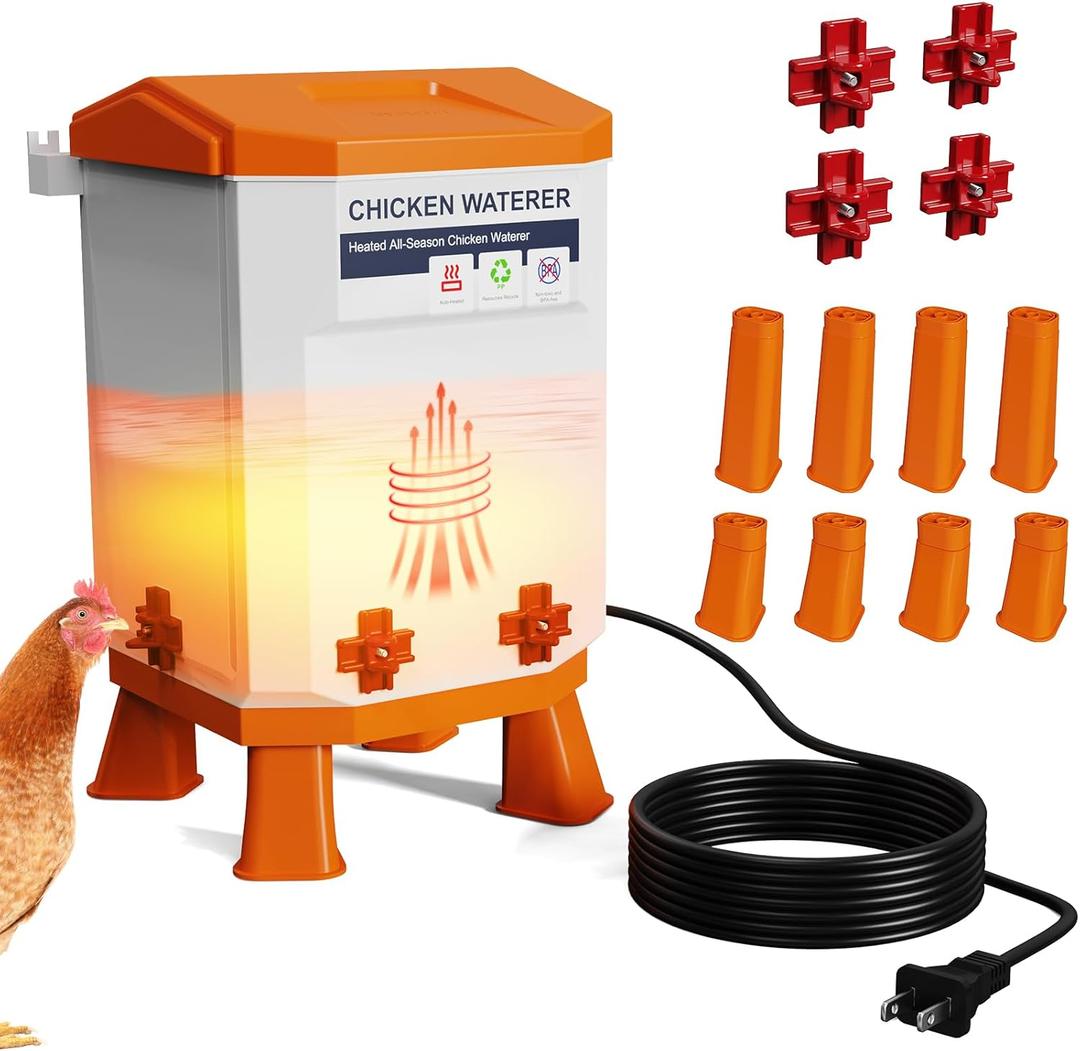 Heated Chicken Waterer 2 Gallon, Chicken Water Heater for Winter, Freeze Proof Chicken Waterer, 4 Nipples for Clean WaterDetachable Legs, Adjustable Height for Chickens, Pigeons, Beaked Poultry (Orange)
