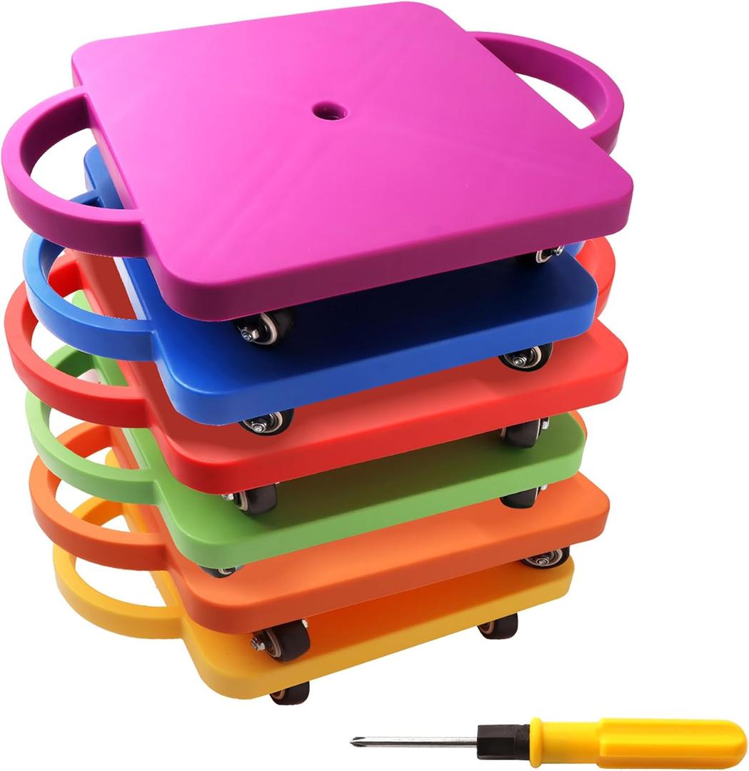 GSE Games & Sports Expert Gym Floor Scooter Board with Handles, Sitting Scooter for Kids Indoor Play Equipment, Fun Scoot Board with Non-Marring Plastic Casters for Children (6-Pack)