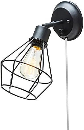 GLOBE Electric 65291 1-Light Plug-in or Hardwire Industrial Cage Wall Sconce, Matte Black Finish, On/Off Rotary Switch, 6ft Clear Cord, Wall Lights for Bedroom, Bulb Not Included