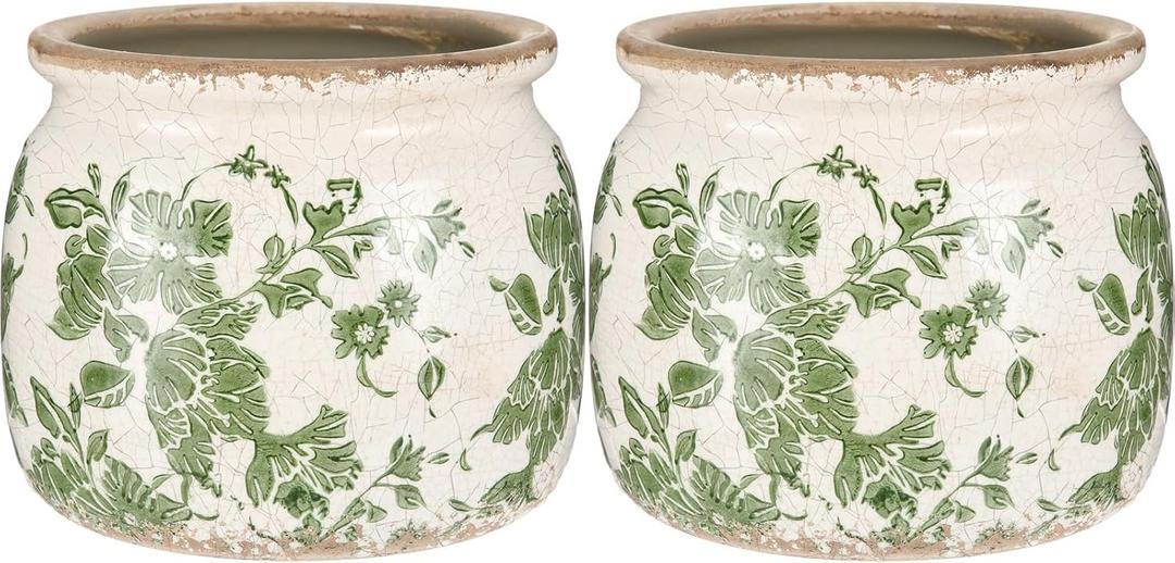 2 Pcs Vintage Planter Ceramic Plants Pot with Drainage Ice Crack Scroll Flower Vase Pot for Indoor Outdoor Plants Home Kitchen Decor Gifts (Vintage Floral,5.9")