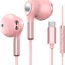 USB C Headphones for Samsung Galaxy S24 S23 Ultra S22 S21 FE S20 A54 A53 USB C Earphones with Mic Volume Control Wired Earbuds USB Type C Headphones for iPhone 16 15 Pro Max Plus iPad Pro Pixel 8 7 6a (Pink)