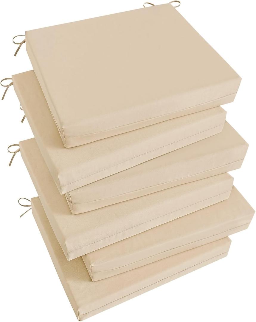 Basic Beyond Outdoor Chair Cushions Set of 6, Square Corner Outdoor Cushions for Patio Furniture, Water Resistant Patio Chair Cushions with 2 Ties, 18.5x16x3, Beige