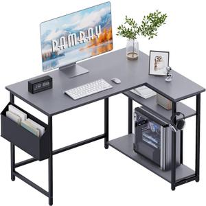 Pamray 40 Inch L Shaped Computer Desk with Reversible Side Storage Shelves, Small Corner Desk for Small Space Home Office, Writing Study Table PC Desk for Bedroom, Grey