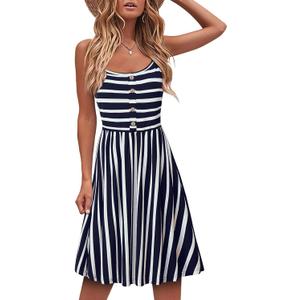 MOQIVGI Womens Spaghetti Strap Button Detail Pleated Summer Casual Stripe Dresses (Medium, Black White)