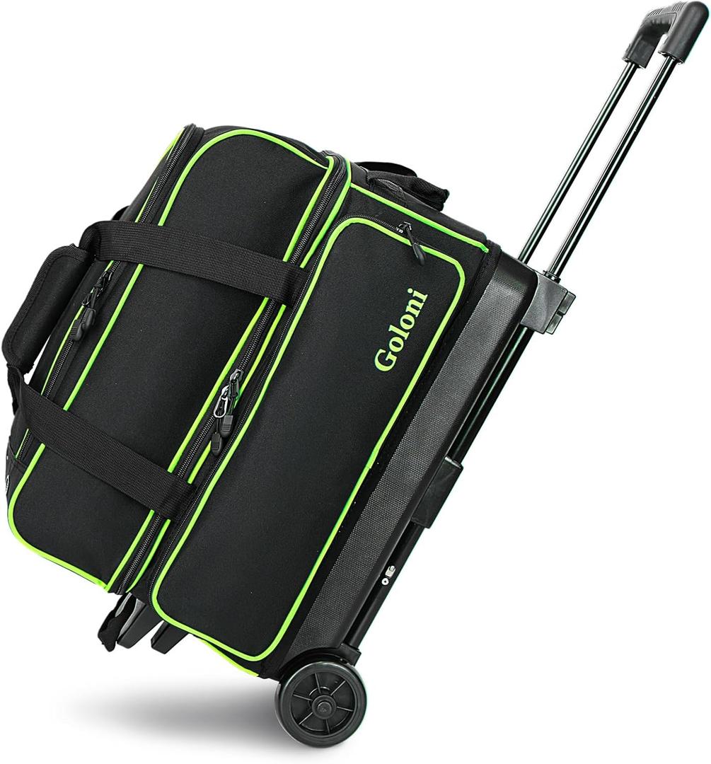 Goloni Double Roller 2 Ball Bowling Bag with Separate Shoe Compartment,2 Ball Bowling Bag with Wheels,Retractable Handle Extends to 40" (green)