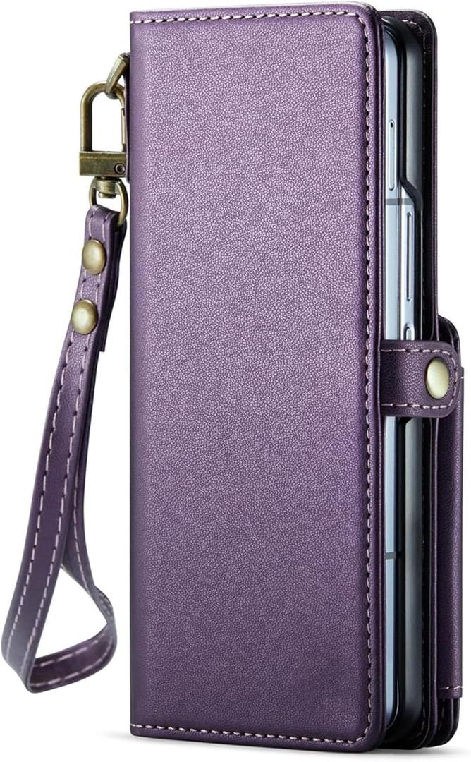 Wrist Strap Case for Samsung Galaxy Z Fold 7,Heavy-Duty Protector Leather Wallet Case RFID Blocking Card Holder Phone Cover,Purple,Z Fold 7
