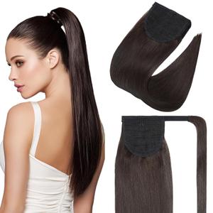 SEGOHAIR Clip In Real Human Hair Ponytail Extensions for Women 100% Remy Human Hair Ponytail Straight Wrap Around Clip in One Piece Hairpiece 16 Inches 80g #02 Dark Brown