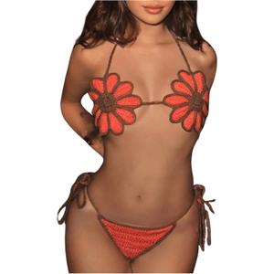WDIRARA Women's 2 Pieces Bikini Sets Floral Crochet Boho Tie Side Swimsuits Bathing Suits (Orange, S)