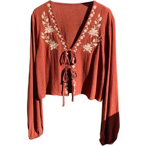 SHENHE Women's Fall Linen Peasant Blouse Tie Front Long Sleeve Floral Embroidered Top Shirt (Brown, S)