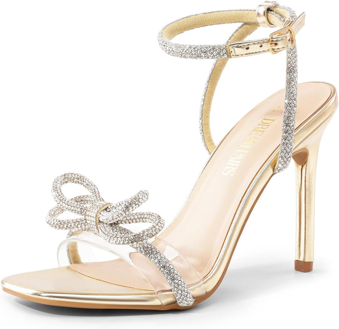 DREAM PAIRS Women's Double Bowknots Crystal Sandals Clear Slingback Heels Square Toe Shoes for Party Wedding (Gold, US 10)