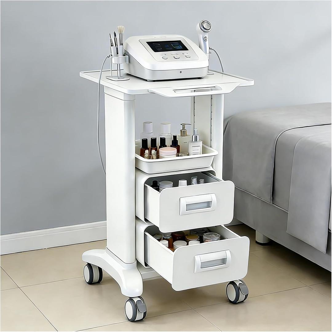 Medical Trolley Cart Mobile with Drawers, Hospital Ultrasound Cart with 4 Silent Swivel Wheels, Portable Medical Trolley Carts, 225 LBS Load, for Beauty, Salon, Clinic and Lab (White, Double Drawer)