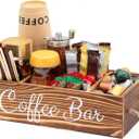 Bokelai Wooden Coffee Bar Organizer Countertop Coffee Station Accessories Storage Basket With Handle Removable Dividers Pods Kcup Holder Farmhouse Decor Caddy for Coffee and Tea Lover