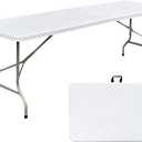 8ft Folding Table 96 inch, Heavy Duty 8 Foot Portable Plastic Foldable Table with Handle and Fold-in-Half Design, Blow Molded Tabletop for Outdoor, Indoor, Party, Dining and Camping, White