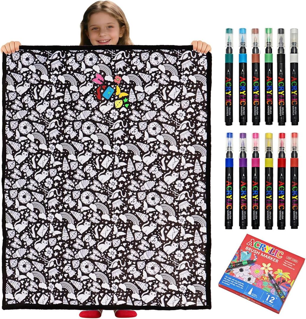 DIY Coloring Blanket with12 Markers Kit， Washable & Color Your Own Blanket with Cozy Velvet Back，Suitable for All Ages，Fun Creative Set for Everyday Use & Home Decor (Animals) | 56"L x 47.2"W