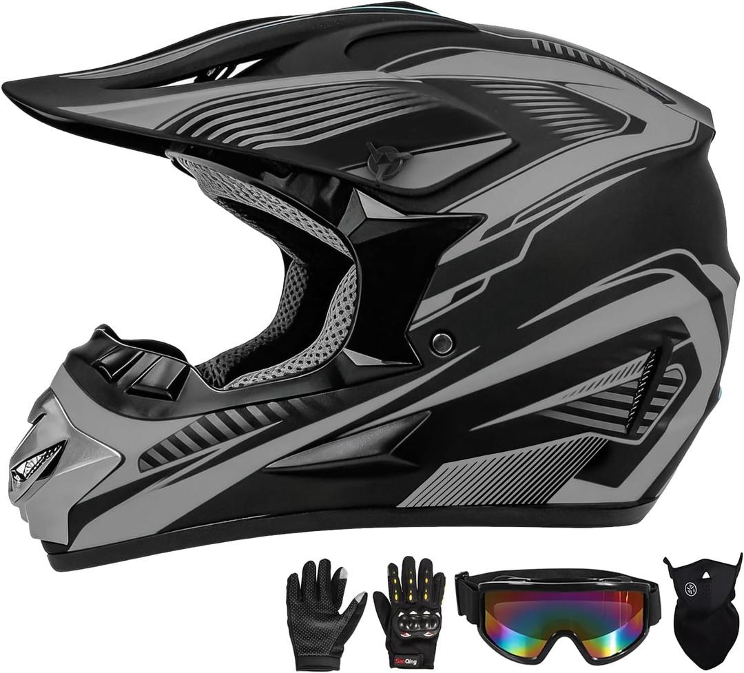 Motocross Helmet,Youth & Kids ATV Dirt Bike Motorcycle, BMX 4-Wheeler Off-Road Mountain Bike Helmet,DOT Certified,W/Gloves Goggles Mask 4-Piece Set (Gray, Medium)